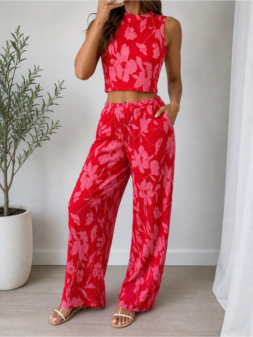 Red Floral Wide-Leg Crop Set